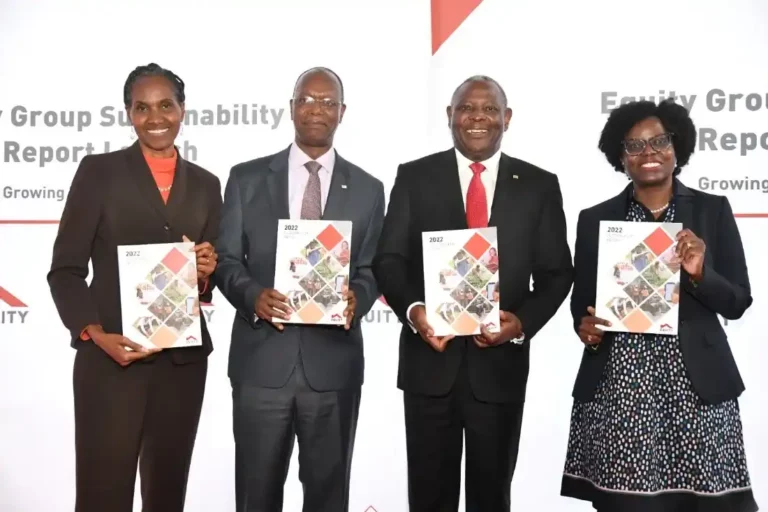 (Left to Right): Equity Group Board Sustainability Committee Chairperson, Dr. Helen Gichohi, Equity Group Chairman Professor Isaac Macharia, Equity Group Managing Director and CEO, Dr. James Mwangi and Adema Sangale, Equity Kenya Board member during the 2022 Equity Sustainability Report launch.