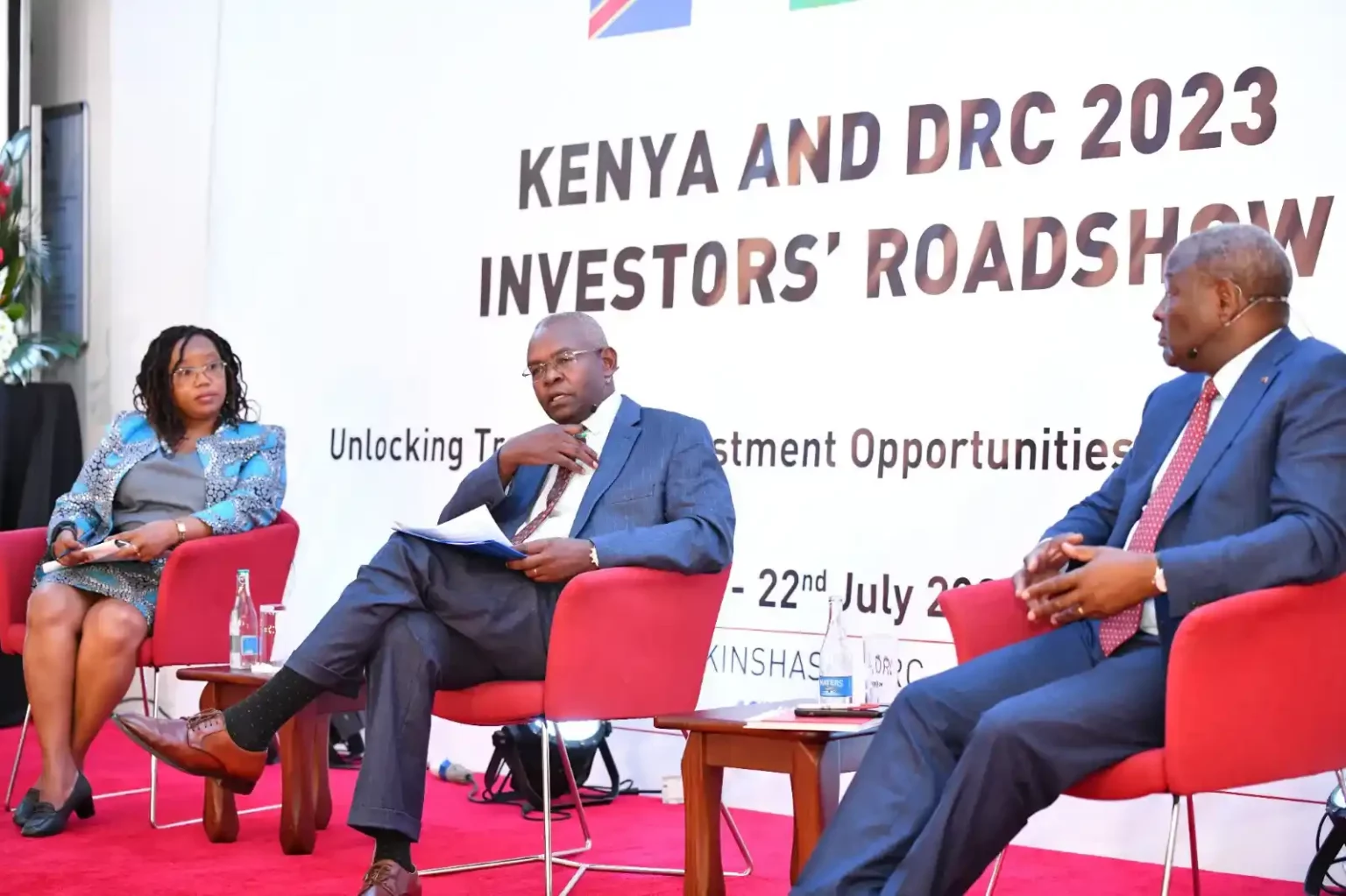 Ms Karen Kandie, director of Parastatals Reforms at the Treasury, Dr Kamau Thugge CBK Governor, and Equity Group Managing director and CEO James Mwangi during the launch of the 5-day roadshow in DRC.