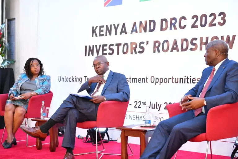 Ms Karen Kandie, director of Parastatals Reforms at the Treasury, Dr Kamau Thugge CBK Governor, and Equity Group Managing director and CEO James Mwangi during the launch of the 5-day roadshow in DRC.