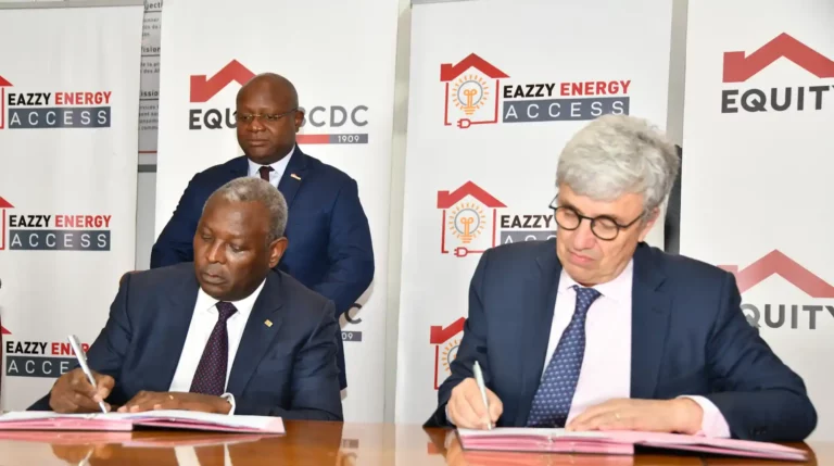 Equity Group Managing Director and CEO Dr. James Mwangi and Schneider Electric Vice President Gwenaelle Avice-Huet sign an MoU at EquityBCDC head office aimed at ensuring that every household in the DRC gets access to affordable energy solutions, conveniently, to enhance the quality of their lives.