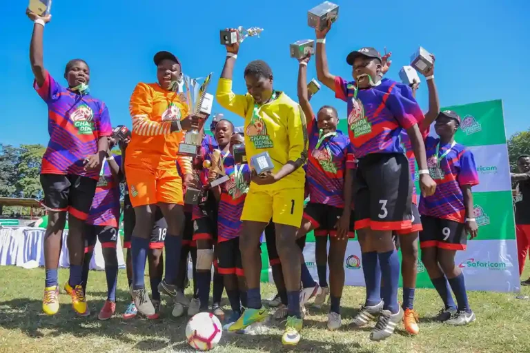 Lugari Blue Saints celebrate winning the Safaricom Chapa Dimba Western Edition in 2019