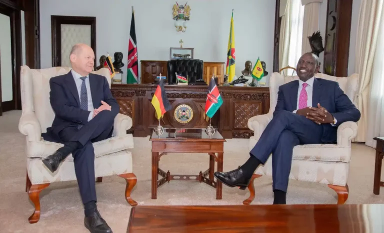 President William Ruto with Chancellor of Germany Olaf Scholz at the State House Nairobi where they held bilateral talks on May 5, 2023.