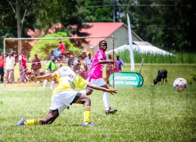 Abigael Akol, Chakol Queens scrambles for the ball against Linet Akinyi, Kingadole Queens. Chakol Queens outshined their rivals to a 4-1 victory to secure a chance in the Western Regional Finals.