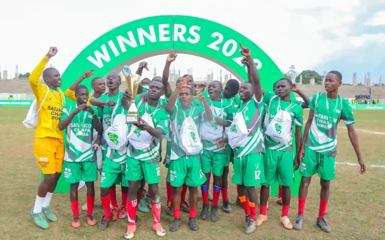 Ebwali boys celebrate after winning the Safaricom Chapa Dimba Western Region final stadium against Compell Sportiff at Bukhungu stadium today. The match ended 1-0 in favor of Ebwali boys to progress for the national finals later in the year.
