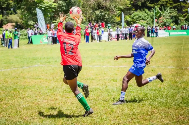Kakamega Starlets's goalkeeper reaching for the ball during the Safaricom Chapa Dimba finals in Kakamega