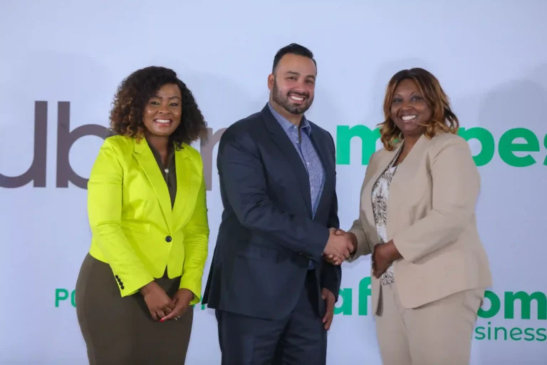(Left to Right) Safaricom Plc, Enterprise Business, Snr Manager, Energy and Transport Vertical, Neddy Munyasi Safaricom Plc, Chief Enterprise Business Officer, Cynthia Kropac and Uber Head of East Africa, Imran Manji a during the M-PESA and Uber partnership at MJC Centre.