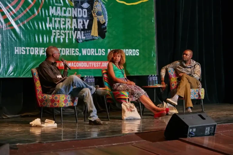 A past Macondo Literary Festival "The Why Does The Past Matter" panel with Abubakar Ibrahim, Peter Kimani and Yovanka Perdigao at Kenya National Theatre in 2019.