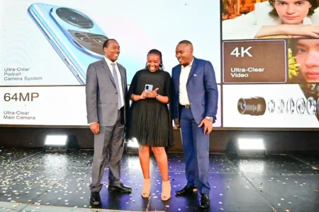 From left: John Chirchir, Acting CEO, Kenya Tourism Board , Fredrique Achieng PR Manager OPPO Kenya and Ernest Teigut Product Manager OPPO Kenya during the official launch of the OPPO Reno 10 5G to the Kenyan market.
