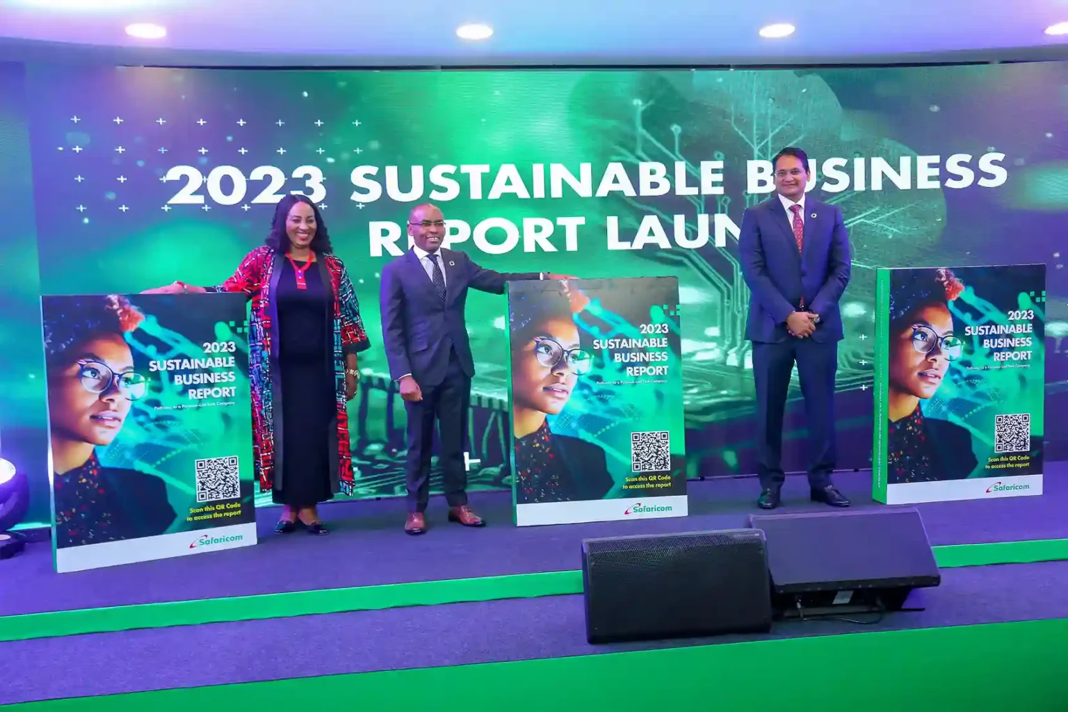 Safaricom PLC Chairman, Adil Khawaja (right), with Safaricom PLC CEO, Peter Ndegwa (centre) and Alliance for Science- Executive Director, Dr. Sheila Ochugboju. This was during the launch of the 2023 Safaricom Business Report held at Michael Joseph Center Nairobi.
