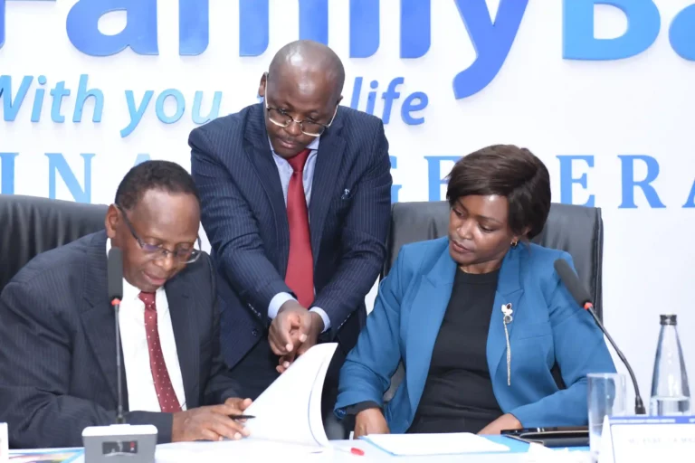 Family Bank Chairman Dr. Wilfred Kiboro, Chief Financial Officer Stephen Karumbi and CEO Rebecca Mbithi during the Extra-ordinary General Meeting where shareholders voted for the approval of the Bank to offer 800 million shares through a rights issue to strengthen the Bank’s Capital Base.
