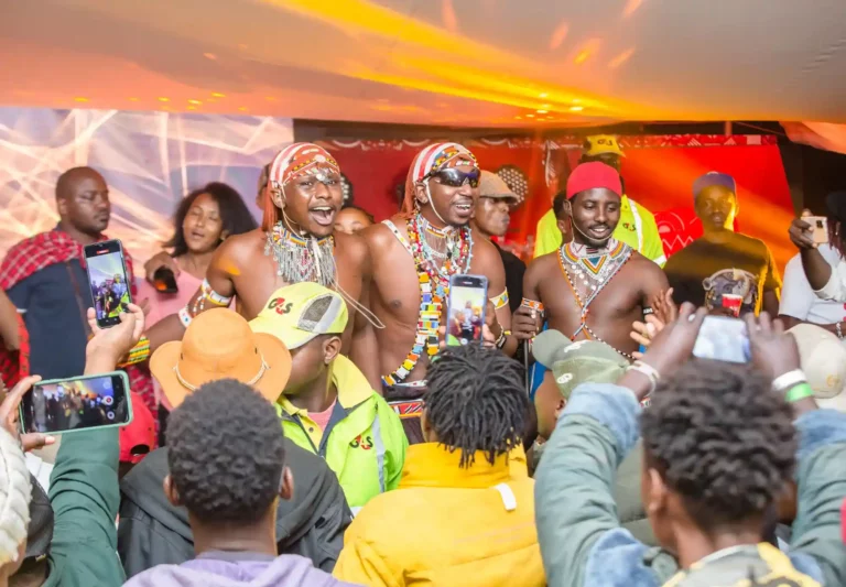 From left: Artistes King Laiso, Papaa Masai and Moso Pal performing at the Kenya Cane Greats Fest held at the Boma Resort and Lounge, Narok on Saturday 14 th October.