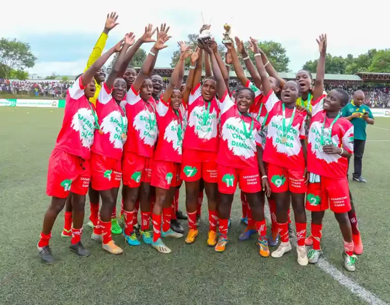 The Plateau Queens players celebrate after winning the 2023 Safaricom Chapa Dimba Nyanza region title at Moi Stadium, Kisumu.