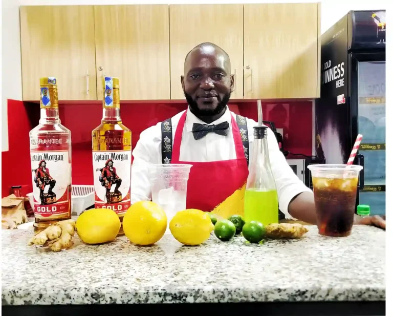 Chris Kantai the Captain Morgan Mixologist with an assorted range onf ingredients to make the perfect cocktail from Captain Morgan rum.