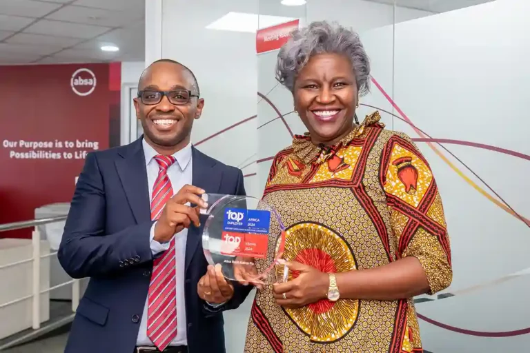 From Left to Right: Absa Bank Kenya's Senior People Business Partner, Samuel Ngotho and Absa Bank Kenya's People and Culture Director, Mumbi Kahindo receive the Bank's Top Employer Award 2024. Absa Bank has been certified a Top Employer for the third consecutive year in Kenya and Africa.