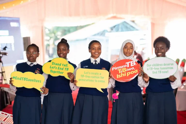 School children holding placards ceeating awareness of ending TB in Kenya during the lauch of the National Strategic Plan (NSP) for Tuberculosis, Leprosy, and Lung Health 2023/24-2027/28.