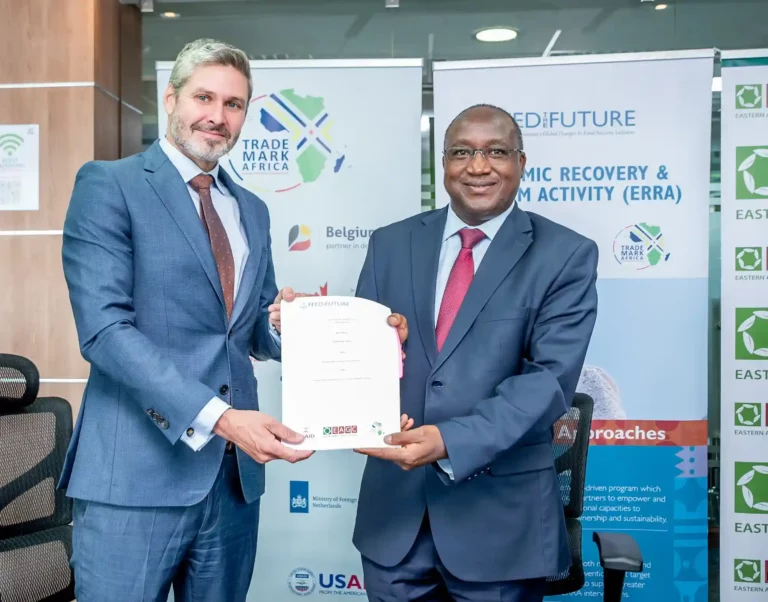 L-R: TradeMark Africa's CEO, Mr. Dave Beer, and the Eastern Africa Grain Council Executive Director, Mr. Gerald Masila, at the signing event where EAGC and USAID Ink Partnership to Strengthen Competitiveness in Export-Oriented Staple Food Value Chains.