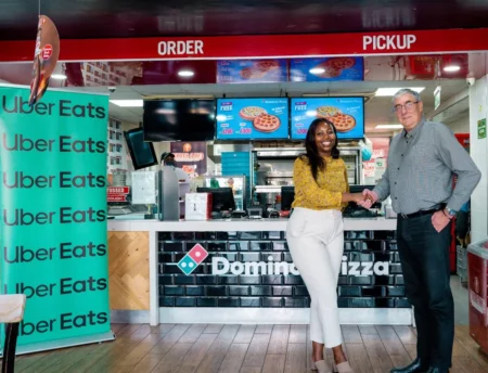 Uber Eats, Kui Mbugua, General Manager, and Peter Jones, Managing Director, EatnGo Limited. Domino's and Uber Eats have announced a partnership to offer delivery services in Nairobi and Mombasa.