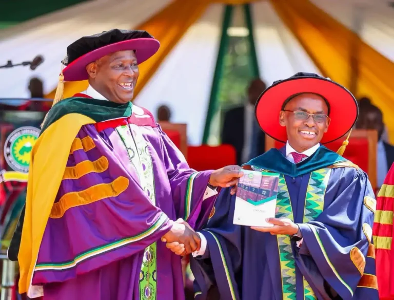 Dr. James Mwangi, Equity Group CEO and MD hands over the mantle of Chancellor at the Meru University of Science and Technology to Peter Ndegwa, Safaricom PLC CEO after serving the institution for 10 years as Founding Chancellor. Dr Mwangi was last year appointed by President William Ruto as the inaugural Chancellor of The Open University of Kenya.