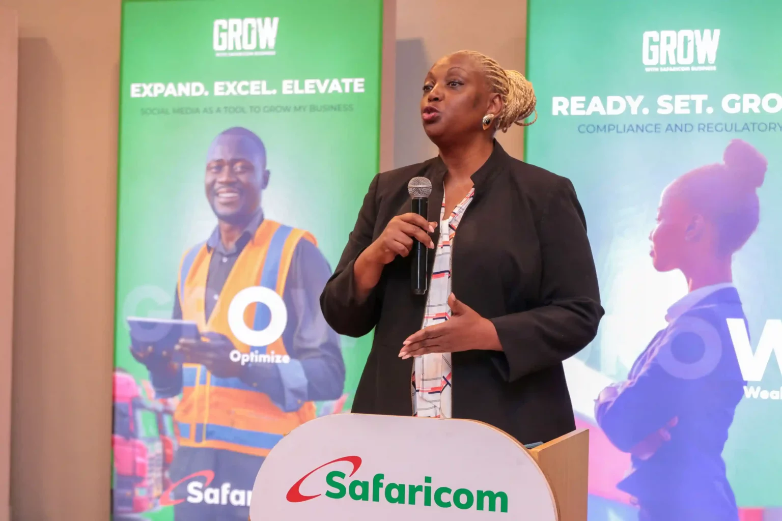 Cynthia Kropac, Safaricom Chief Enterprise Business Officer giving her remarks during the Grow with Safaricom Business launch at Michael Joseph Centre 8. March 2024.