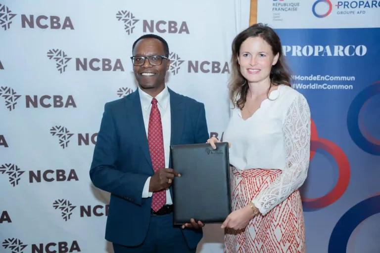 NCBA Group Managing Director and CEO John Gachora (left) with Proparco Regional Head for East Africa Audrey Maignan during the NCBA Group and Proparco deal signing on March 18, 2024 at Serena Hotel