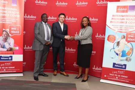 Jubilee Insurance Group CEO Julius Kipngetich, Nicolas Roubin, head of International Medical Insurance Europe, Middle East and Africa - Henner Group and Njeri Jomo, CEO Jubilee Health Insurance.