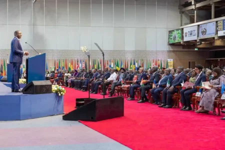 President William Ruto speaking during the official opening of the International Development Association (IDA21) Summit at KICC in Nairobi.