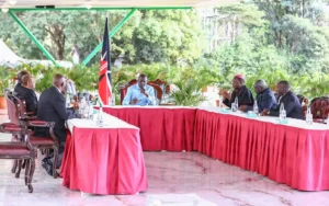 President William Ruto and the leadership of the Kenya Conference of Catholic Bishops. They were Archbishops Maurice Makumba (Kisumu), Antony Muheria (Nyeri), Martin Kivuva (Mombasa), Philip Anyolo (Nairobi), Bishops Dominic Kimengich (Eldoret), Michael Odiwa (Homabay), and the Very Rev. Jude James Waweru.