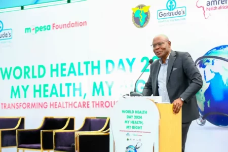 Safaricom Foundation Chairman Joseph Ogutu delivers his remarks at the World Health Day event held at Gertrude’s Children’s Hospital in Muthaiga.