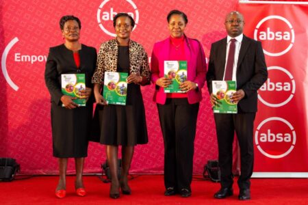 Kakamega County First Lady H.E. Prof Janet Kassili Barasa, President's Women Rights Advisor, Hon. Harriette Chiggai, Absa Business Banking Director Elizabeth Wasunna and Africa Guarantee Fund Head of Risk Joshua Obengele, Mohamed during launch of a Women's Economic Empowerment and Investment Curriculum that seeks to empower at least 30,000 women-led MSME businesses across Kakamega, Bungoma, and Vihiga counties.