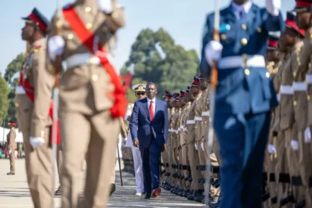 President William Ruto during the pass-out parade for KDF military officers at the Defence Forces Recruit Training School in Eldoret, Uasin Gishu County. May 15, 2024.