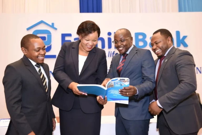 Family Bank Chief Legal Officer Eric K. Murai, CEO Nancy Njau, Chief Financial Officer Stephen Ngugi & PwC Senior Manager David Mugo during the 17th AGM where shareholders approved the establishment of a non-operating holding company that will hold shares in Family Bank Kenya and other non- banking subsidiaries ahead of expansion plans.