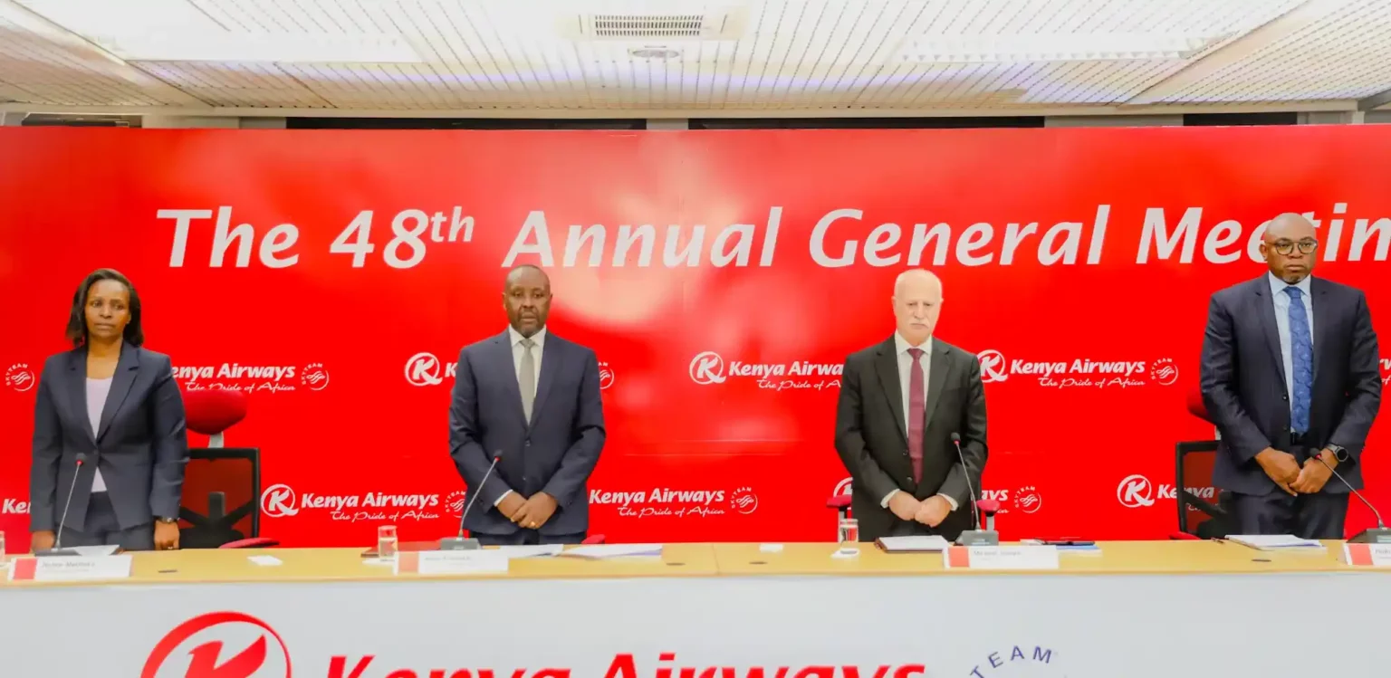 (L-R) Hellen Mathuka, Chief Finance Officer of Kenya Airways; Allan Kilavuka, Group Managing Director & Chief Executive Officer of Kenya Airways; Michael Joseph, Board Chairman of Kenya Airways; and Habil Waswani, Company Secretary and Director of Legal at Kenya Airways during the airlines 48th AGM.