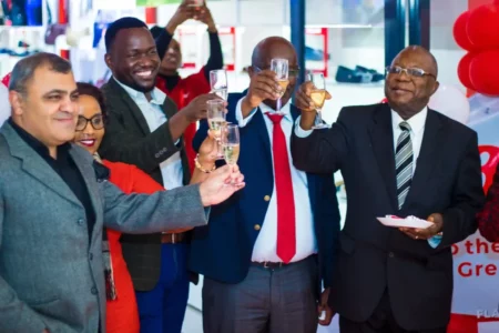 Pooping the Champagne at the Bata Greenwood opening. His Excellency Mninwa Johannes Mahlangu, High Commissioner of South Africa, Mr. John Ngoru, Bata’s Regional Human Resources Director for Africa & Middle East, Yussuf Wasswa, Bata Kenya’s Retail Manager, Ms. Florence Maina, - Part of the Retail Team, Bibhuti Vikram Bata’s Regional Marketing Director Africa and Middle East