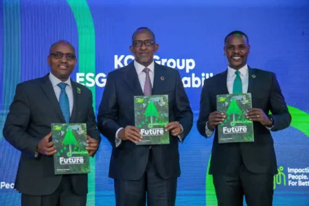 KCB Group MD Paul Russo, Cabinet Secretary Environment, Climate Change and Forestry Aden Duale and his PS Festus Ng'eno at the launch of the 2023 KCB Group Environmental, Social & Governance (ESG) and Sustainability Report in Nairobi on August 20