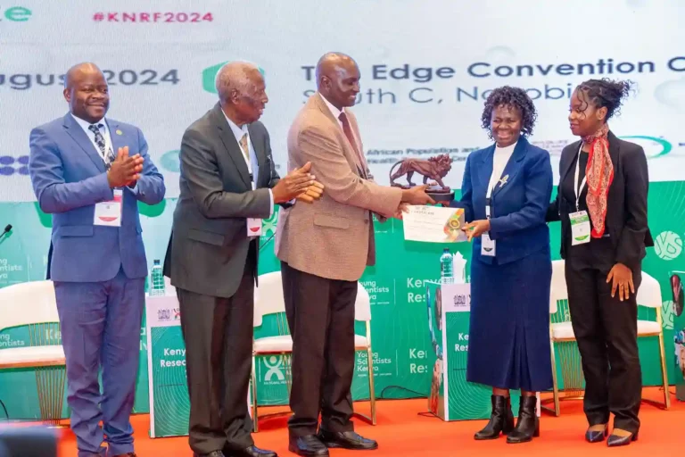 Prof Mary Abukutsa Onyango recognized for her work in agricultural sciences, focusing on indigenous vegetables and plants during the inaugural National Outstanding Research Awards at the closing ceremony of the Kenya National Research Festival 2024.