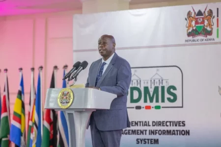 Rigathi Gachagua Deputy President of Kenya during the launch of the Presidential Directives Management Information System (PDMIS) and the Foreign Travel Management Information System (FOTIMS) both seek to address the need for greater efficiency and transparency in government operations.