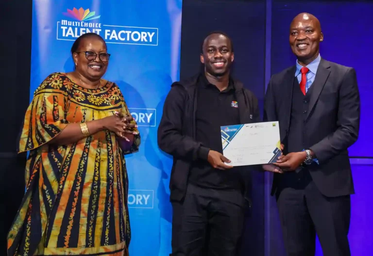 Kenya Film Commission CEO Timothy Owase presents to MTF student Lazarus Musungu as MTF Eastern Africa Academy Director Victoria Goro looks on. The 2 day workshop aimed at addressing challenges faced by actors during the shooting of intimate scenes.