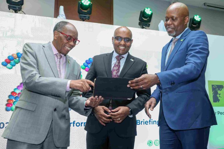 KCB Group Chairman Dr. Joseph Kinyua, CEO Paul Russo, and Finance Director Lawrence Kimathi at 2025 half-year results announcement.