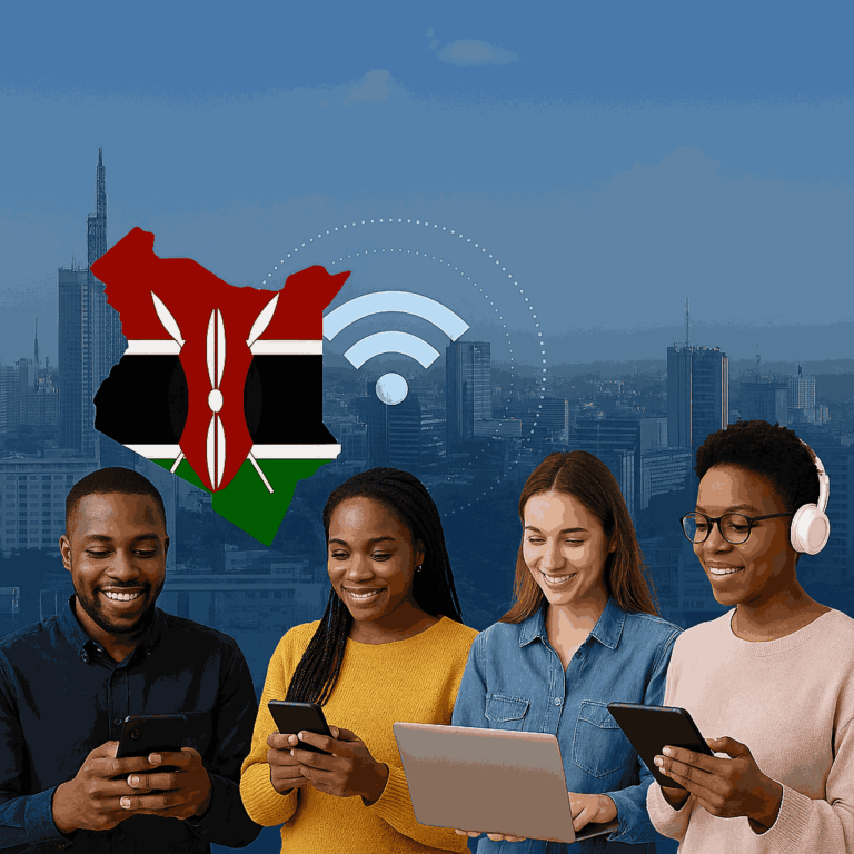 Diverse Kenyan citizens using digital devices against Nairobi skyline, symbolizing progress, connectivity, and challenges in internet freedom between 2020 and 2024.