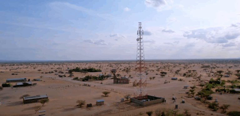 Safaricom mobile network mast standing in the remote terrain of Illeret, Northern Kenya