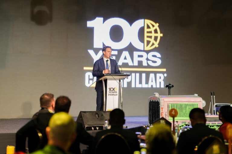 Nigel Lewis, Chief Operating Officer of Mantrac Group, speaking during the centennial event in Nairobi to mark 100 years of Caterpillar’s global operations and its presence in Kenya.