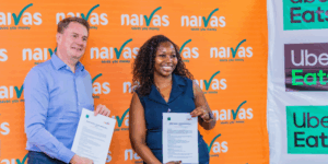 Naivas CEO Andreas Von Paleske and Uber Eats GM Wangui Mbugua at partnership launch in Nairobi, November 13, 2025