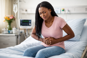 An AI-generated image of a woman sitting in a hospital bed while expressing pain in her stomach