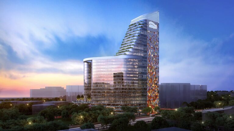 TRIFIC North Tower, a fully let Grade A office building in Nairobi’s Two Rivers SEZ, hosting global service enterprises.