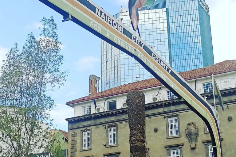 Kenya business district skyline with financial growth chart overlay