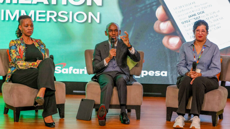 Dr. Peter Ndegwa CBS, Group CEO; Esther Masese Waititu, Chief Financial Services Officer; and Sharon Holi, Head of Customer Privacy — all of Safaricom PLC — at the M-Pesa Data Minimisation Media Briefing, Nairobi, 18 March 2026.