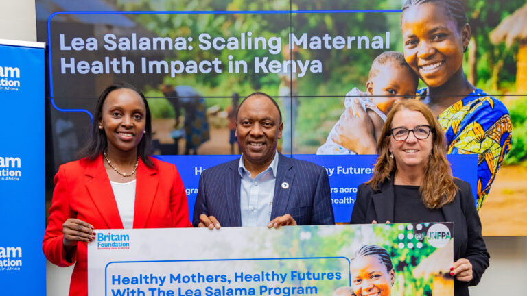 Catherine Karita, Tom Gitogo and Dr. Pilar de la Corte Molina pose together at the Lea Salama Programme MOU signing between Britam Foundation and UNFPA at Somerset Westview in Nairobi.