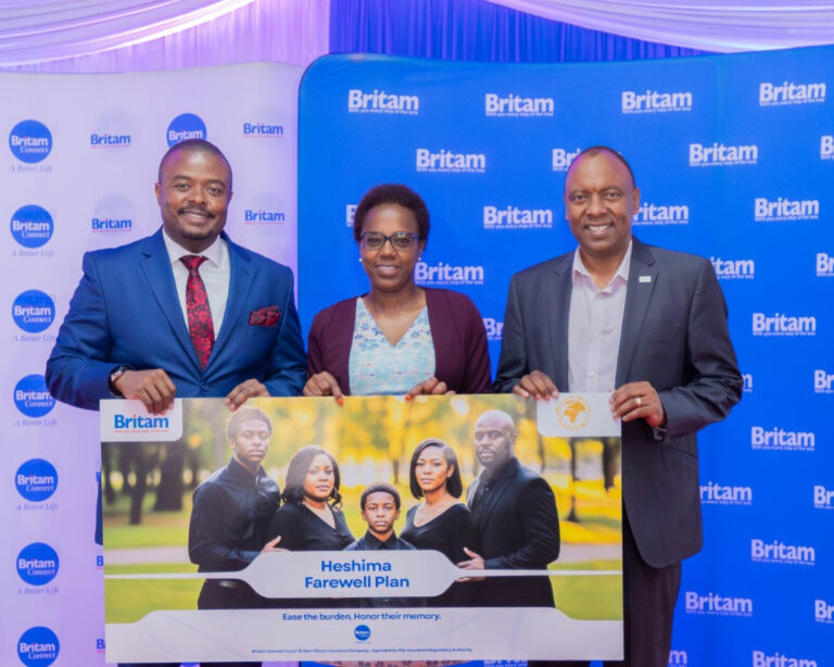 Montezuma Funeral Home Operations Manager Josh Karuga, Britam Connect CEO Evah Kimani and Britam Group CEO Tom Gitogo at the Heshima Farewell Plan launch at Britam Towers, Nairobi, April 8 2026.