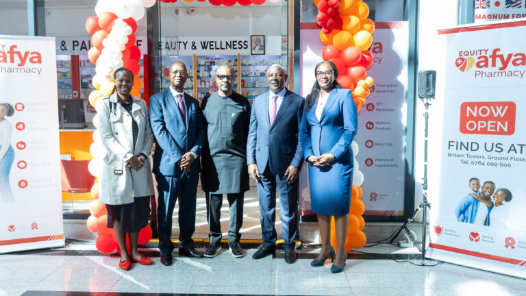 From right to left, Dr. Wangari Ng’ang’a, Prof. Isaac Macharia, Paulin Basinga, Dr. James Mwangi, and Dr. Joanne Korir pose at the Equity Afya Community Pharmacy launch at Britam Towers, Nairobi.