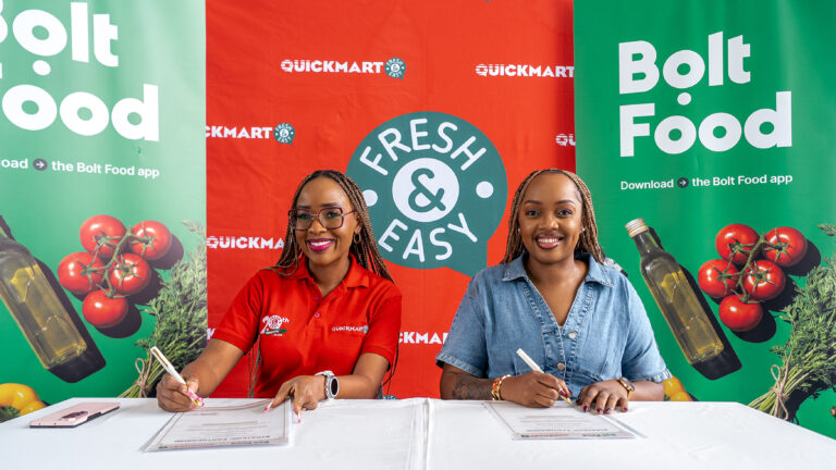 Betty Wamaitha, Chief Marketing Officer at Quickmart, and Kimberly Riziki, Business Development Manager for Retail at Bolt Food, at the partnership launch held at Bolt Food offices along Riverside Drive, Nairobi.